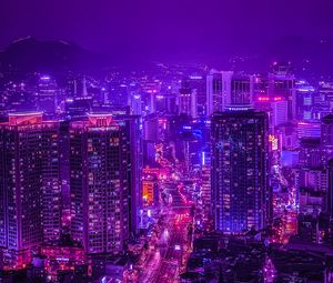 Preview wallpaper night city, road, architecture, lights, neon