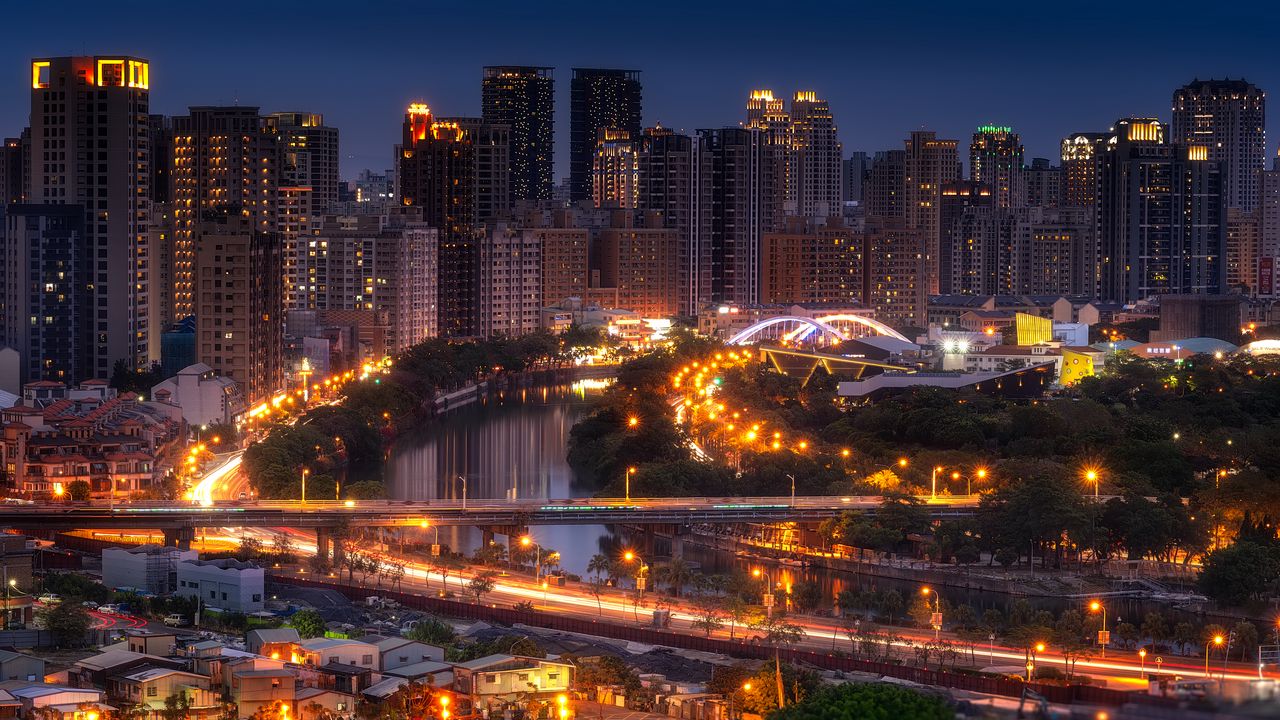 Wallpaper night city, road, bridge, lights