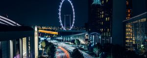 Preview wallpaper night city, road, buildings, ferris wheel, lights, long exposure