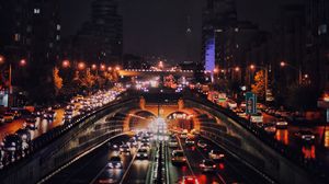 Preview wallpaper night city, road, cars, lights