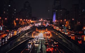 Preview wallpaper night city, road, cars, lights