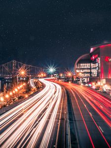 Preview wallpaper night city, road, city lights, long exposure