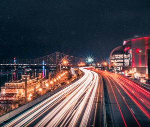 Preview wallpaper night city, road, city lights, long exposure