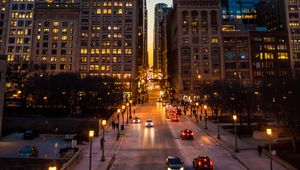 Preview wallpaper night city, road, city lights, traffic, buildings, architecture, street