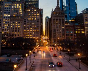 Preview wallpaper night city, road, city lights, traffic, buildings, architecture, street