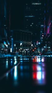 Preview wallpaper night city, road, dark, lights, reflection