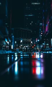 Preview wallpaper night city, road, dark, lights, reflection
