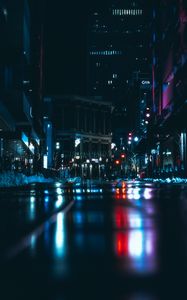 Preview wallpaper night city, road, dark, lights, reflection