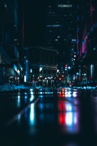 Preview wallpaper night city, road, dark, lights, reflection