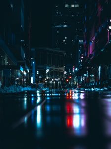 Preview wallpaper night city, road, dark, lights, reflection