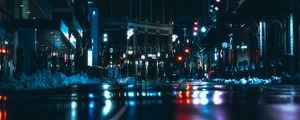 Preview wallpaper night city, road, dark, lights, reflection