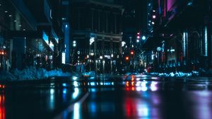 Preview wallpaper night city, road, dark, lights, reflection