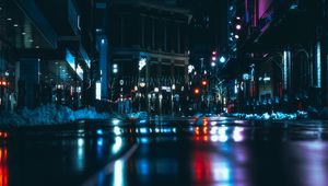 Preview wallpaper night city, road, dark, lights, reflection