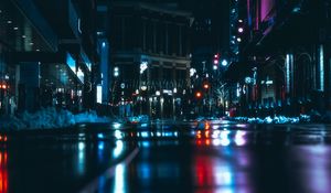 Preview wallpaper night city, road, dark, lights, reflection