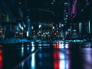 Preview wallpaper night city, road, dark, lights, reflection