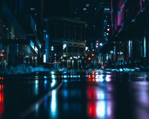 Preview wallpaper night city, road, dark, lights, reflection