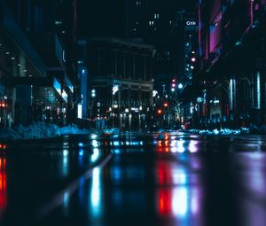 Preview wallpaper night city, road, dark, lights, reflection