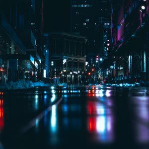 Preview wallpaper night city, road, dark, lights, reflection