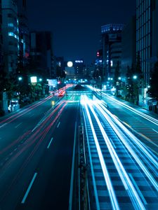 Preview wallpaper night city, road, light, city lights, tokyo, japan