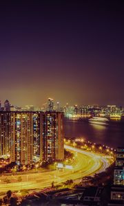 Preview wallpaper night city, road, lighting, city lights, hong kong