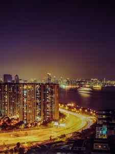 Preview wallpaper night city, road, lighting, city lights, hong kong