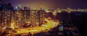 Preview wallpaper night city, road, lighting, city lights, hong kong