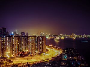 Preview wallpaper night city, road, lighting, city lights, hong kong