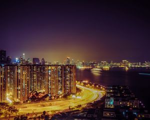 Preview wallpaper night city, road, lighting, city lights, hong kong