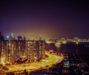 Preview wallpaper night city, road, lighting, city lights, hong kong