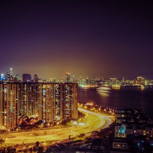 Preview wallpaper night city, road, lighting, city lights, hong kong