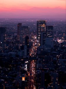Preview wallpaper night city, road, lights, sunset