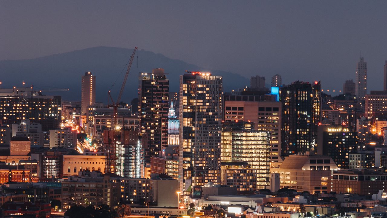 Wallpaper night city, road, lights, buildings, long exposure