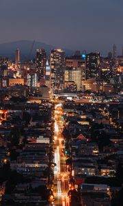 Preview wallpaper night city, road, lights, buildings, long exposure