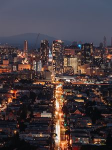 Preview wallpaper night city, road, lights, buildings, long exposure