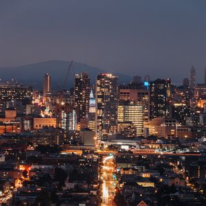 Preview wallpaper night city, road, lights, buildings, long exposure