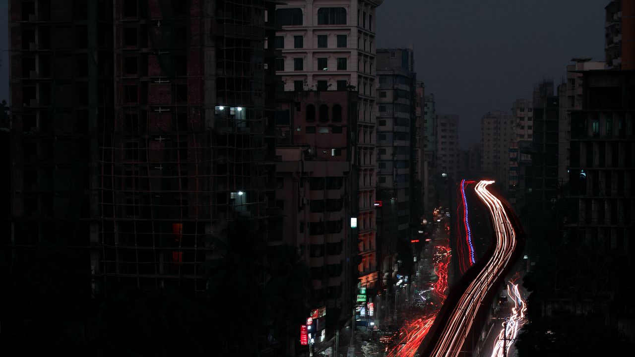 Wallpaper night city, road, long exposure, night