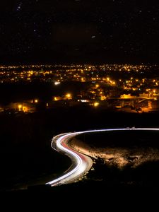 Preview wallpaper night city, road, long exposure, city lights, starry sky