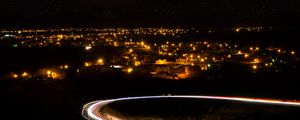 Preview wallpaper night city, road, long exposure, city lights, starry sky