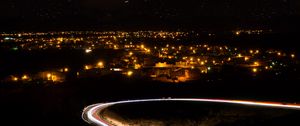 Preview wallpaper night city, road, long exposure, city lights, starry sky