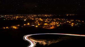Preview wallpaper night city, road, long exposure, city lights, starry sky