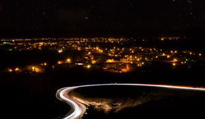 Preview wallpaper night city, road, long exposure, city lights, starry sky