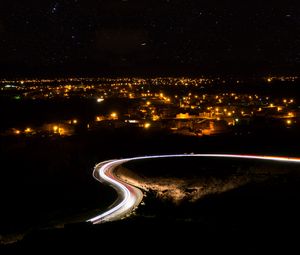 Preview wallpaper night city, road, long exposure, city lights, starry sky