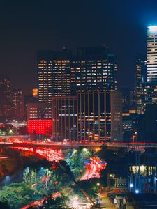 Preview wallpaper night city, road, long exposure