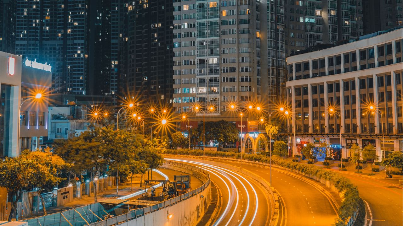 Wallpaper night city, road, long exposure, lights