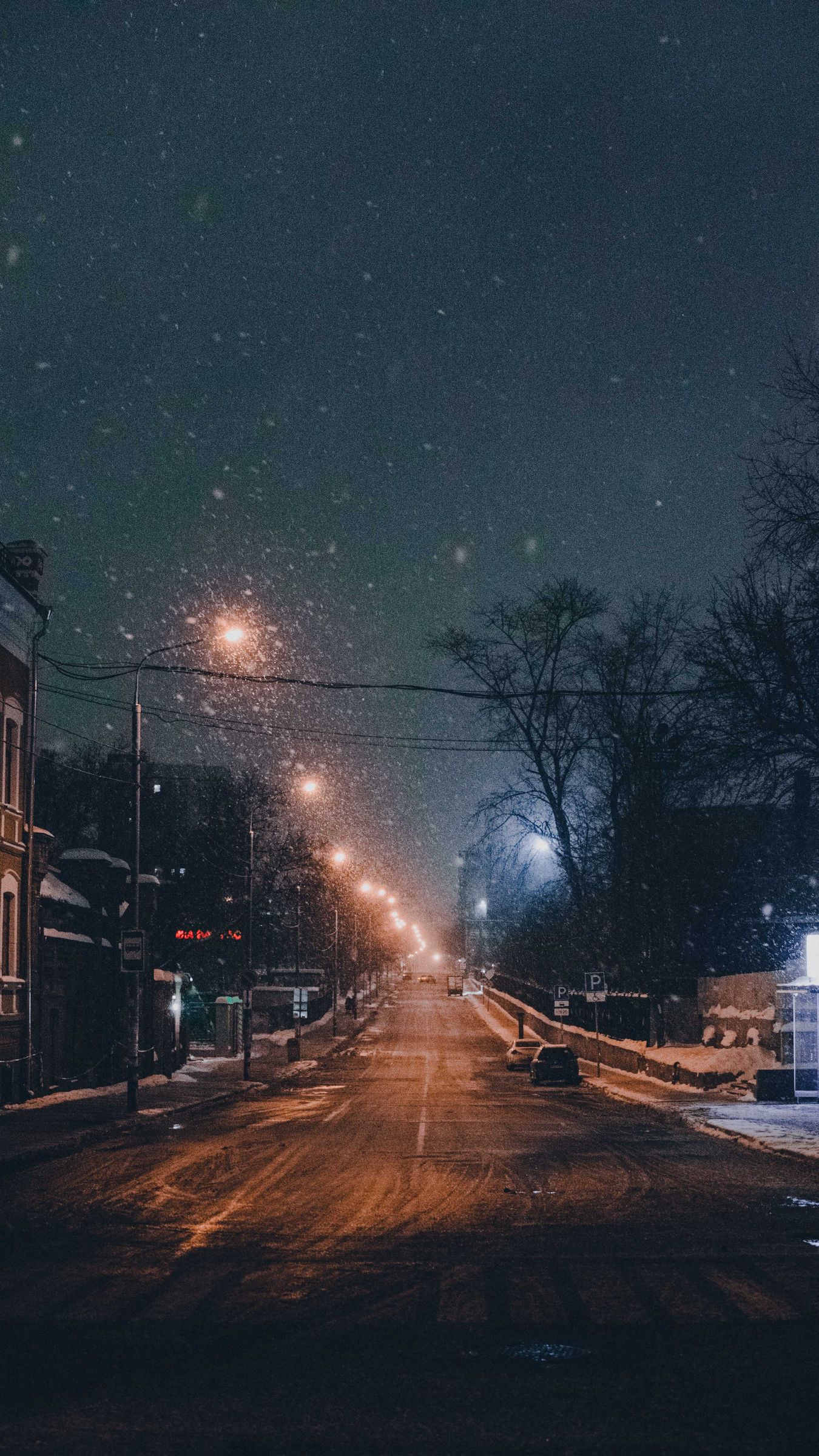 Download wallpaper 1350x2400 night city, road, snowfall, winter
