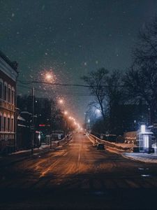 Preview wallpaper night city, road, snowfall, winter, twilight