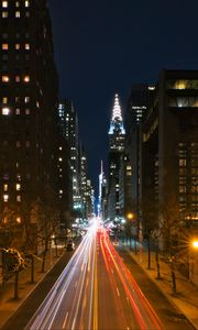 Preview wallpaper night city, road, streets, long exposure, lines