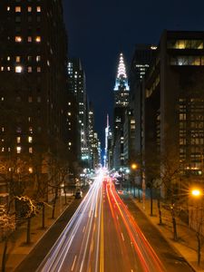 Preview wallpaper night city, road, streets, long exposure, lines