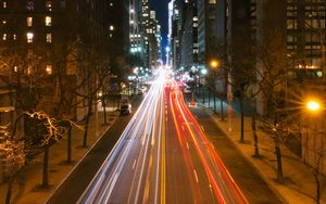 Preview wallpaper night city, road, streets, long exposure, lines