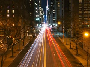 Preview wallpaper night city, road, streets, long exposure, lines